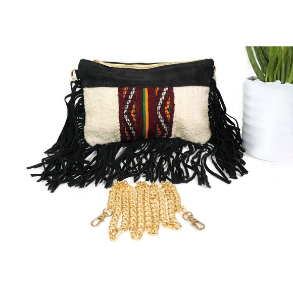 Handira Fringe Bag: Moroccan Kilim, Suede Leather Clutch - Picture 7 of 9